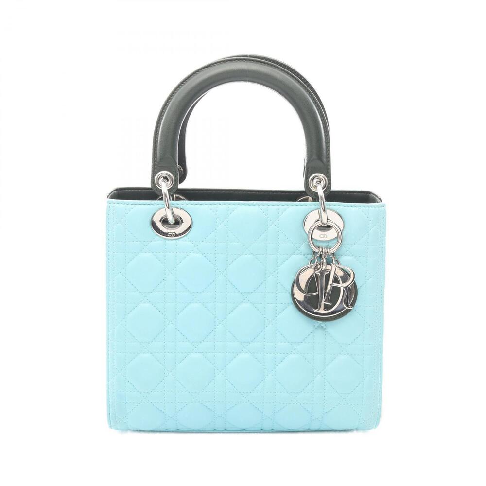 Christian Dior LADY Cannage Handbag Leather Blue Ivory White Green